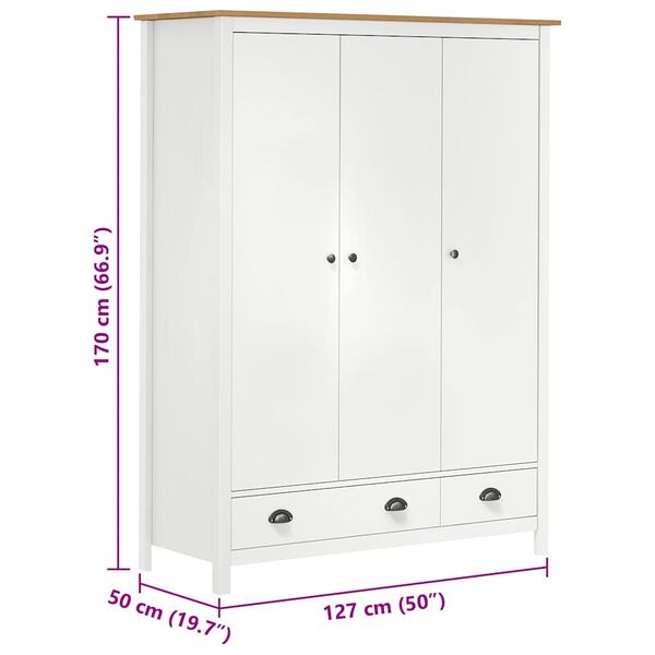 vidaXL Ντουλάπα Hill Τρίφυλλη Λευκή 127x50x170 εκ. Μασίφ Ξύλο Πεύκου