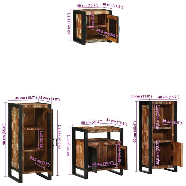 vidaXL Σετ Επίπλων Μπάνιου 4 pcs Πολύχρωμο Στερεό ανακτημένο ξύλο