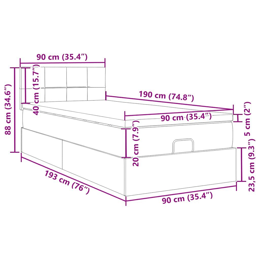 vidaXL Οθωμανικό κρεβάτι με στρώμα Μαύρο 90x190cm Velvet