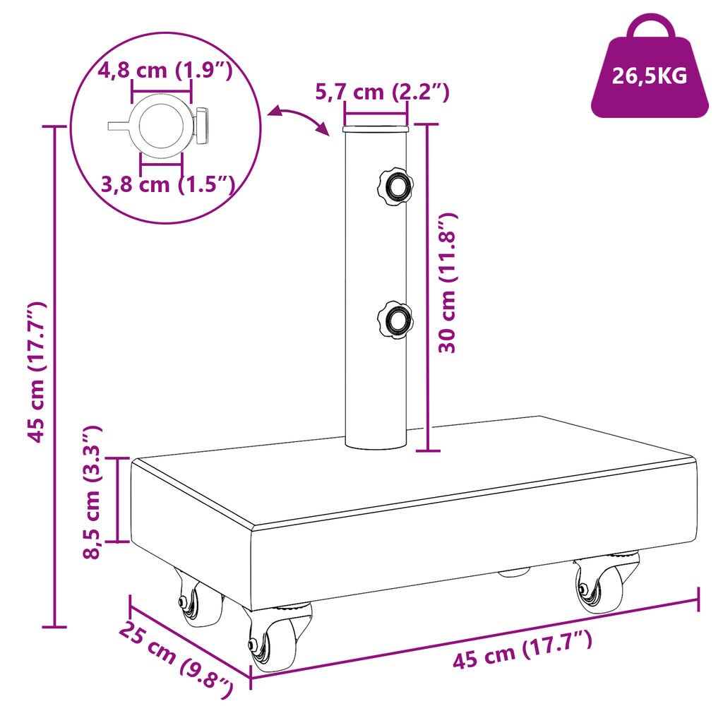 vidaXL Βάση Ομπρέλας με Ρόδες για Στύλους Ø38/48mm Μαύρη Γρανίτης 25 kg Ορθογώνια