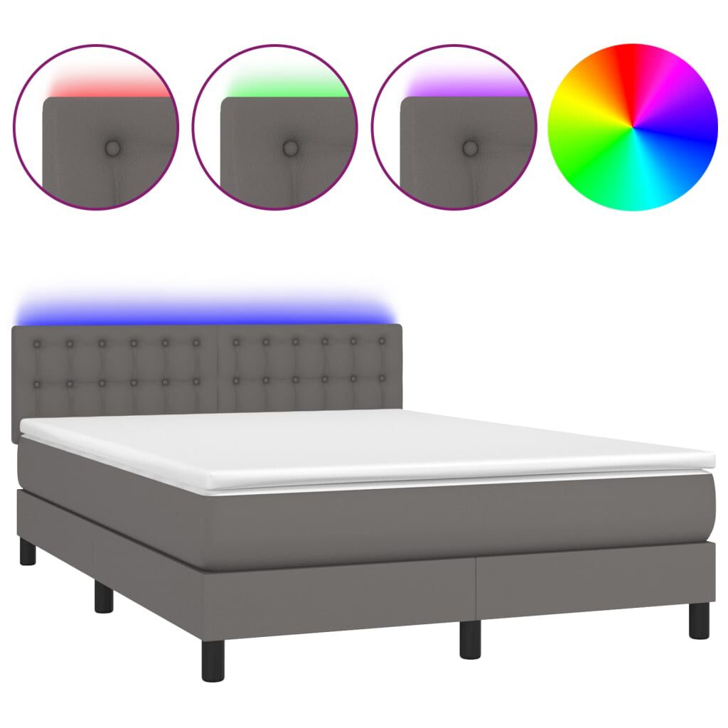 vidaXL Κρεβάτι Boxspring με Στρώμα & LED Γκρι 140x190 εκ. Συνθ. Δέρμα