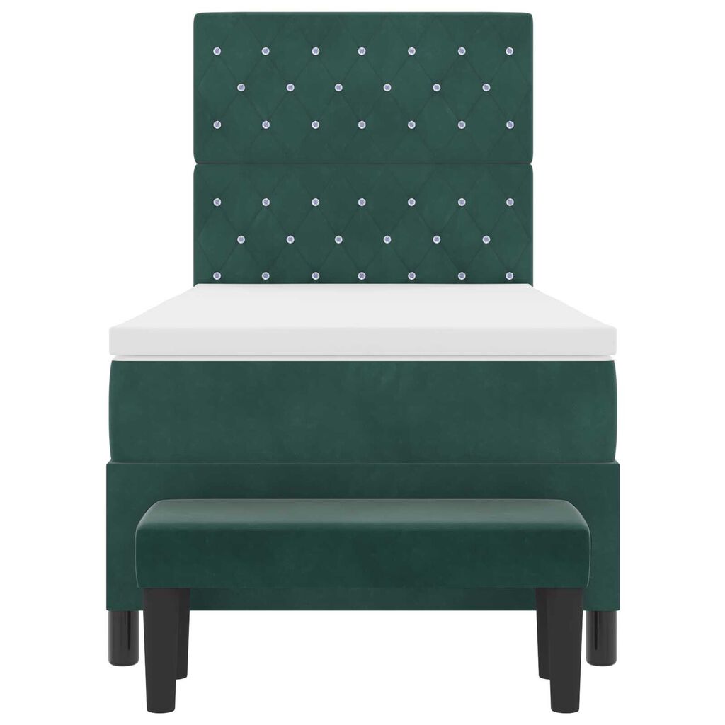 vidaXL Κρεβάτι Box Spring με Στρώμα & Παγκάκι Σκούρο Πράσινο 90x190 εκ. Βελούδο