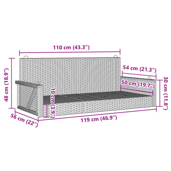 vidaXL Παγκάκι Κούνια Μαύρο 119x56x48 εκ. από Συνθετικό Ρατάν