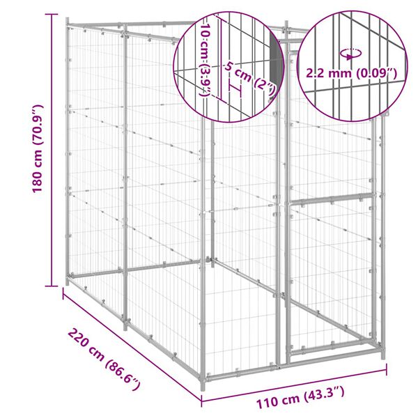 vidaXL Κλουβί Σκύλου Εξ. Χώρου Γαλβαν. Χάλυβας 110 x 220 x 180 εκ.