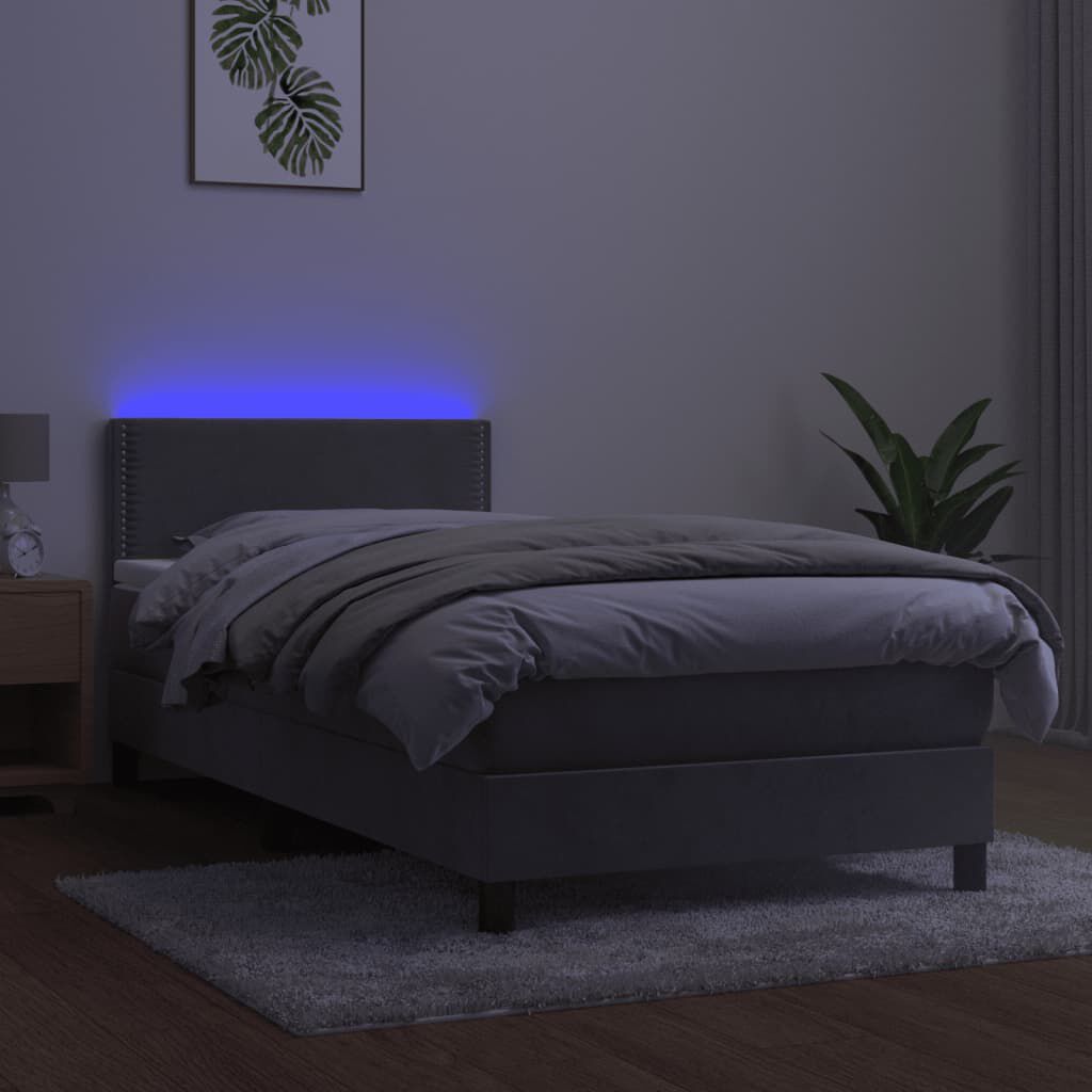 vidaXL Κρεβάτι Boxspring με Στρώμα & LED Αν.Γκρι 90x200 εκ. Βελούδινο