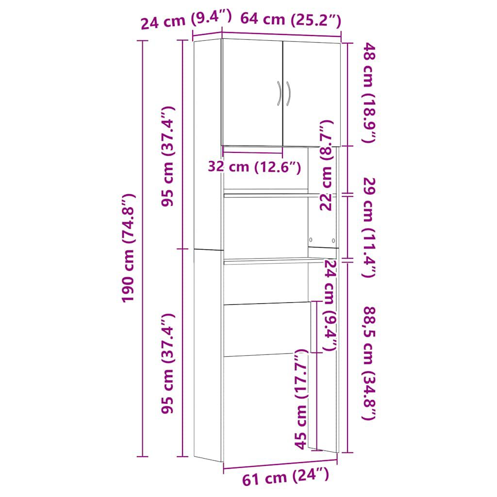 vidaXL Ντουλάπι Πλυντηρίου Γυαλιστερό Λευκό 64x24x190 εκ Επεξ. Ξύλο