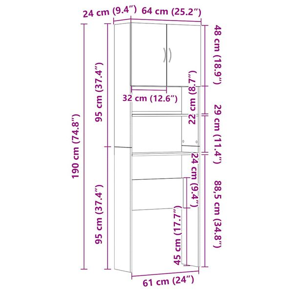 vidaXL Ντουλάπι Πλυντηρίου Γυαλιστερό Λευκό 64x24x190 εκ Επεξ. Ξύλο