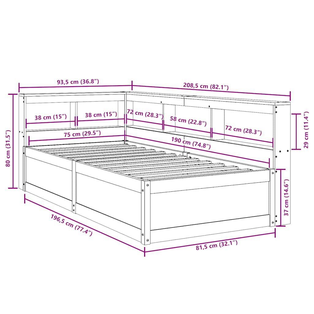 vidaXL Κρεβάτι Βιβλιοθήκη Χωρίς Στρώμα Λευκό 75x190 εκ Μασίφ Πεύκο
