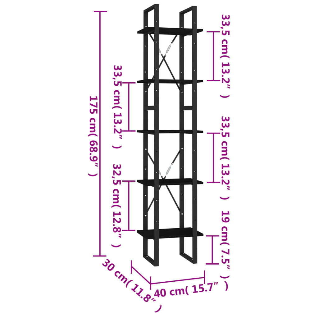vidaXL Βιβλιοθήκη με 5 Ράφια Μαύρη 40 x 30 x 175 εκ. από Ξύλο Πεύκου