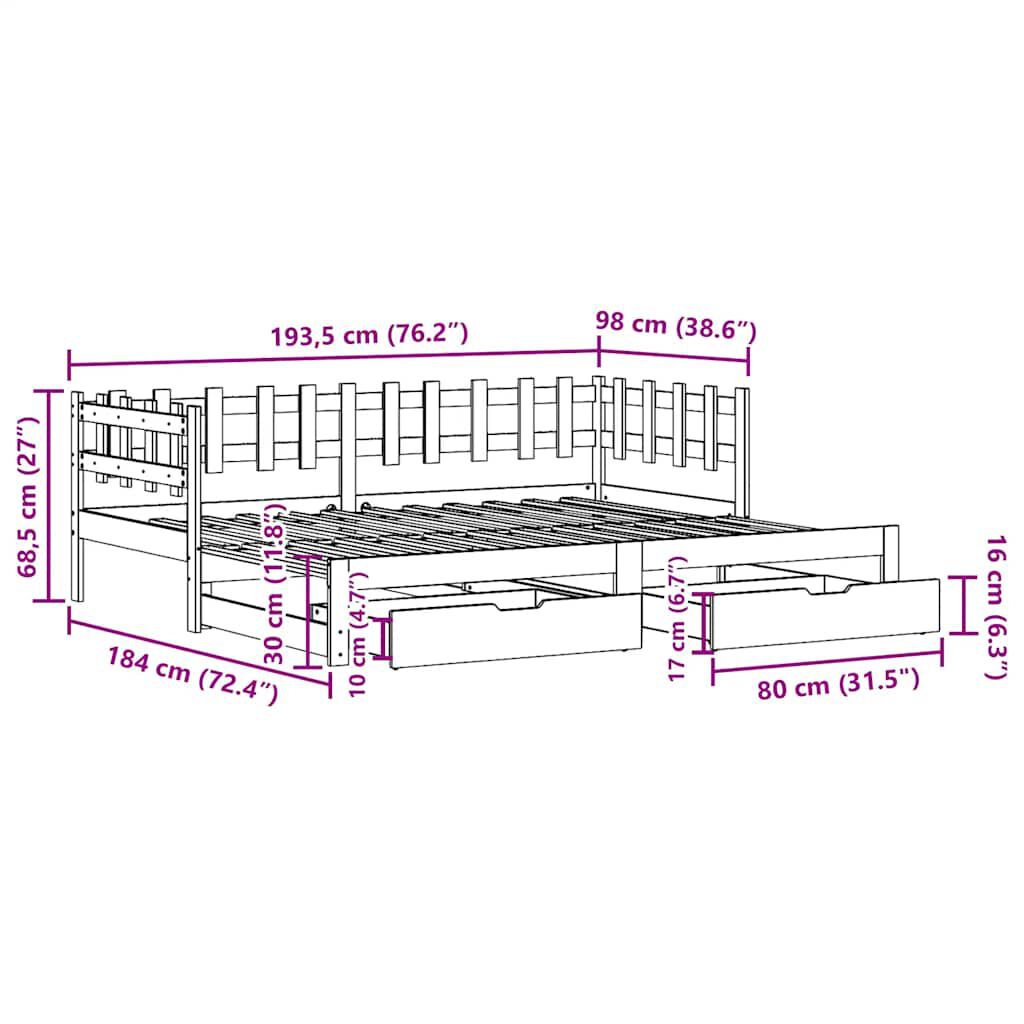 vidaXL Καναπές Κρεβάτι Συρόμενος Χωρίς Στρώμα 90x190 εκ. & Συρτάρια