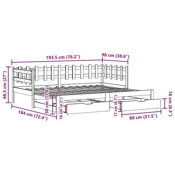 vidaXL Καναπές Κρεβάτι Συρόμενος Χωρίς Στρώμα 90x190 εκ. & Συρτάρια