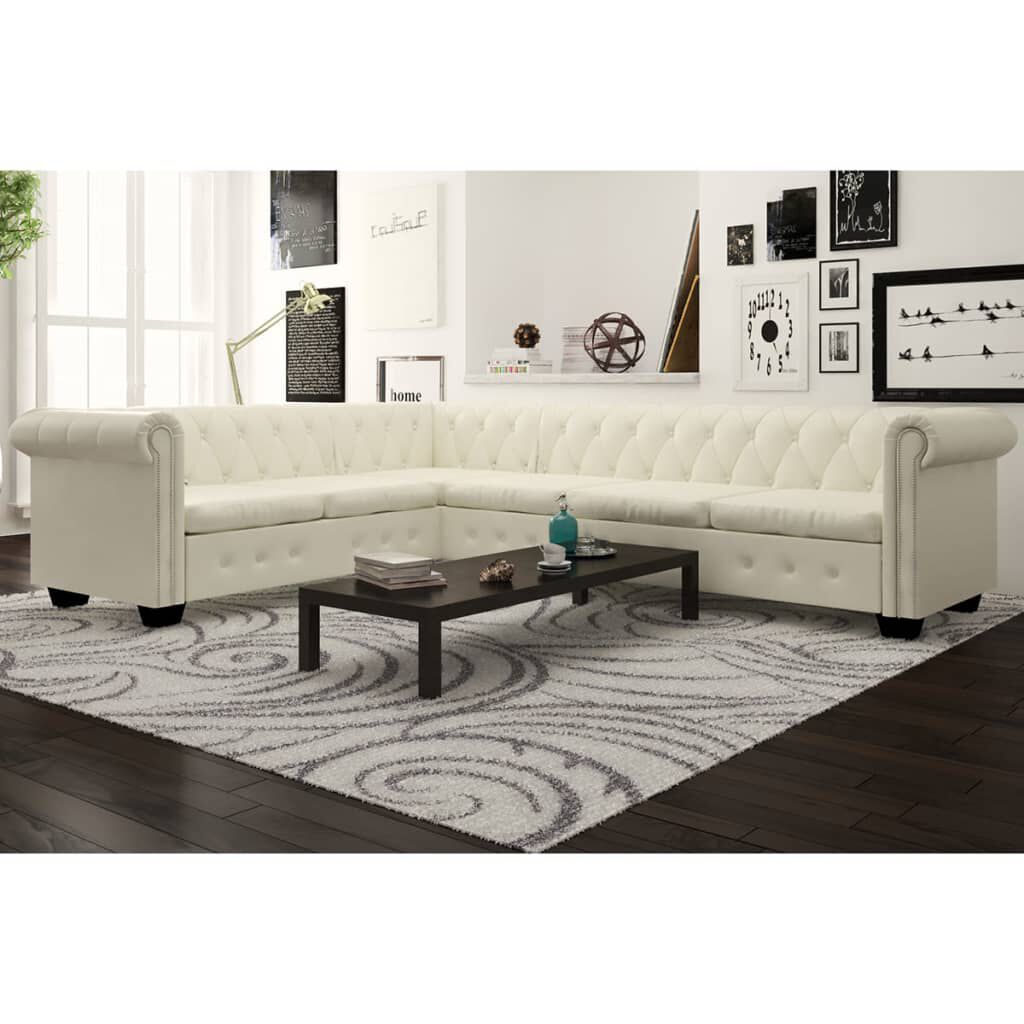vidaXL Καναπές Γωνιακός Εξαθέσιος Chesterfield Λευκός Συνθετικό Δέρμα