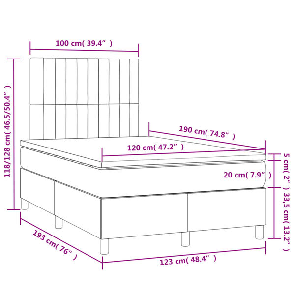 vidaXL Κρεβάτι Boxspring με Στρώμα & LED Taupe 120x190 εκ. Υφασμάτινο