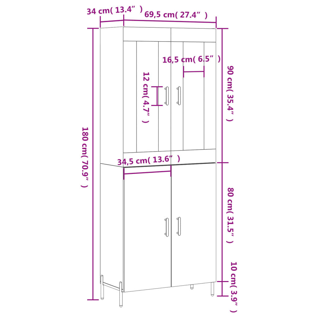 vidaXL Ντουλάπι Γκρι Sonoma 69,5 x 34 x 180 εκ. Επεξεργασμένο Ξύλο