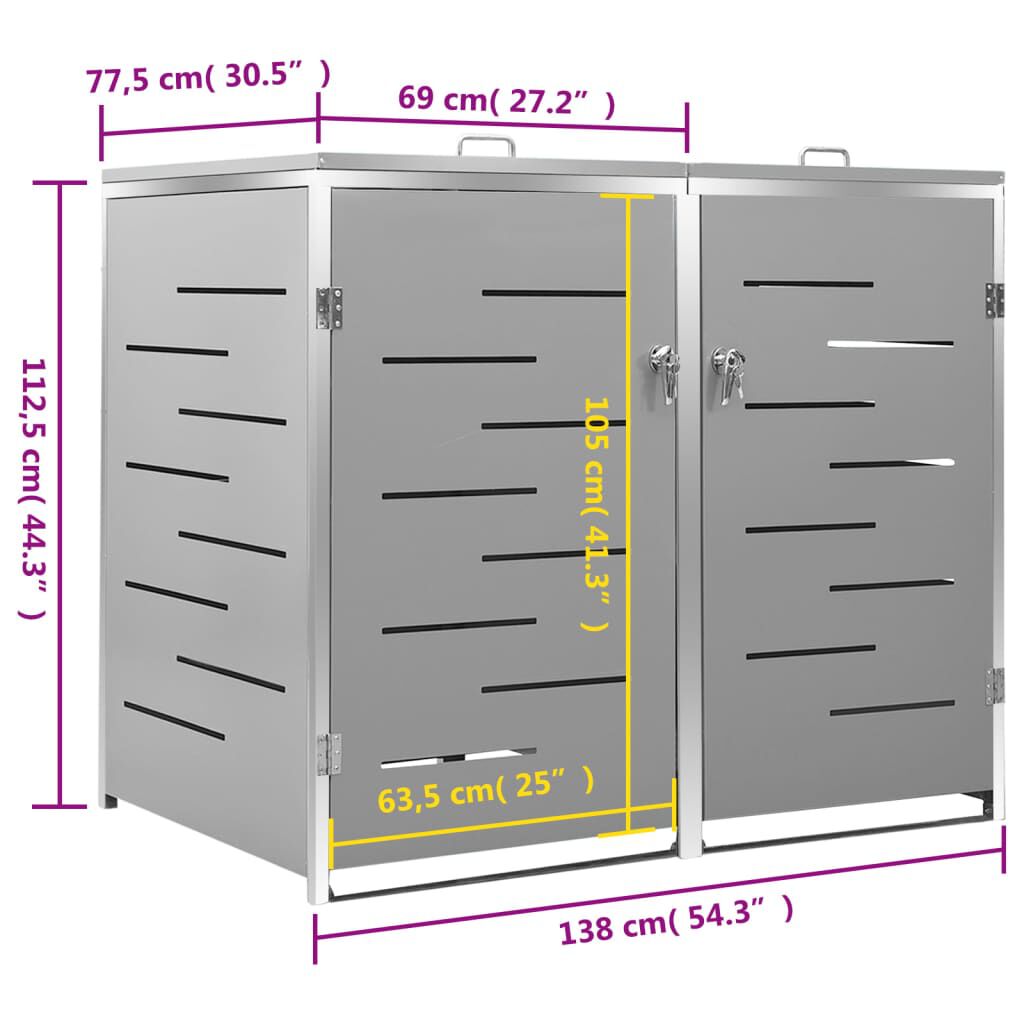 vidaXL Πλαίσιο Κάδων Απορρ. Διπλό με Ρόδες 138x77,5x112,5 εκ Αν. Ατσα.