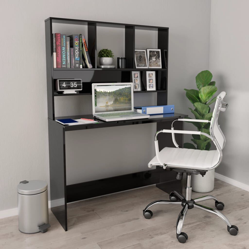 vidaXL Γραφείο με Ράφια Γυαλιστερό Μαύρο 110x45x157 εκ. Μοριοσανίδα