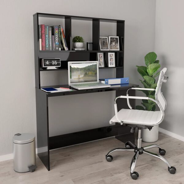 vidaXL Γραφείο με Ράφια Γυαλιστερό Μαύρο 110x45x157 εκ. Μοριοσανίδα