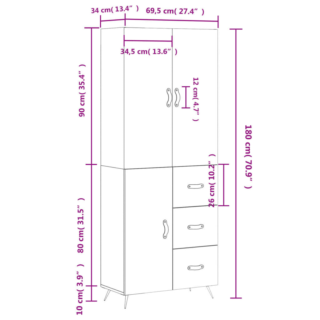 vidaXL Ντουλάπι Γκρι Σκυροδέματος 69,5x34x180 εκ. Επεξεργασμένο Ξύλο