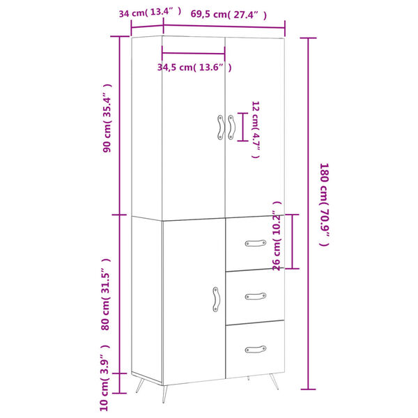 vidaXL Ντουλάπι Γκρι Σκυροδέματος 69,5x34x180 εκ. Επεξεργασμένο Ξύλο