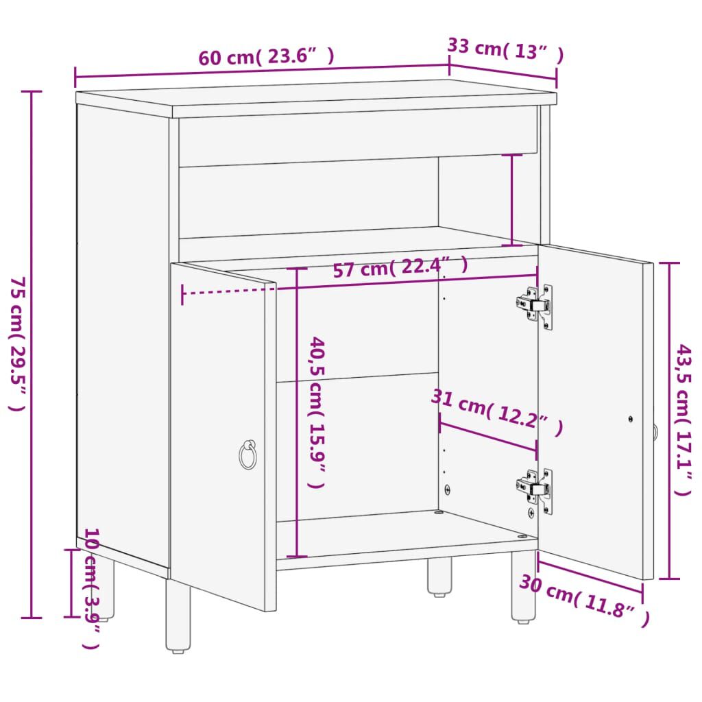 vidaXL Βοηθητικό Ντουλάπι 60 x 33 x 75 εκ. από Μασίφ Ξύλο Μάνγκο