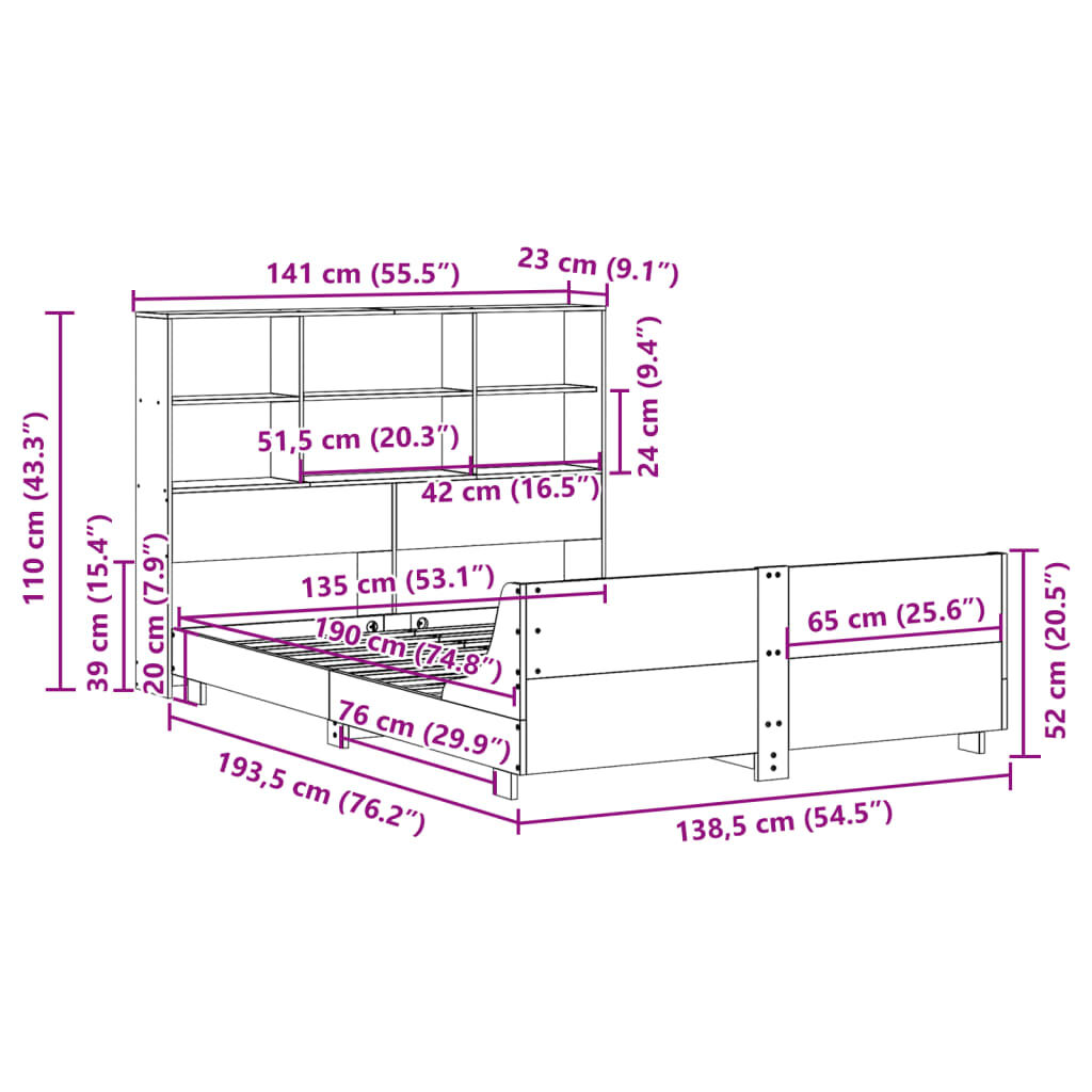 vidaXL Σκελετός Κρεβατιού Χωρίς Στρώμα 135x190 εκ Μασίφ Ξύλο Πεύκου