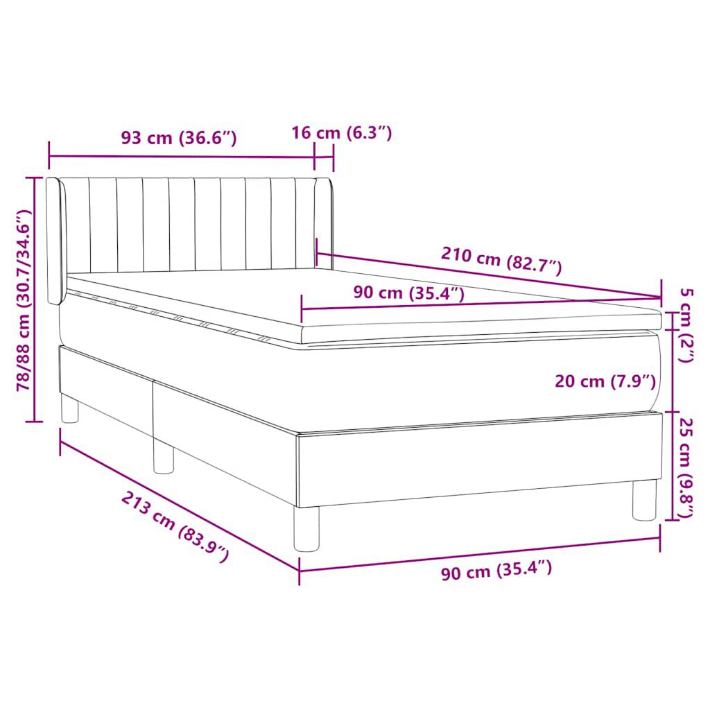 vidaXL Κρεβάτι Boxspring με Στρώμα Μαύρο 90x210 εκ. Βελούδινο