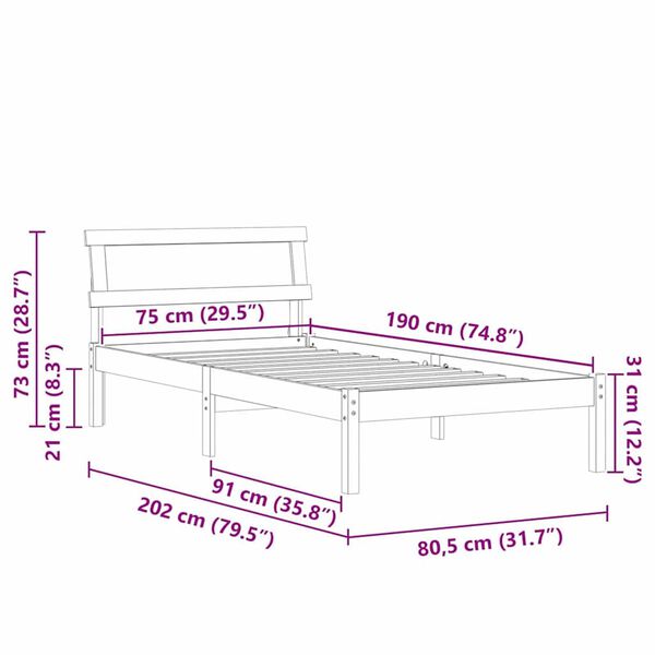 vidaXL Σκελετός Κρεβατιού Καφέ 75 x 190 cm Μασίφ ξύλο πεύκου