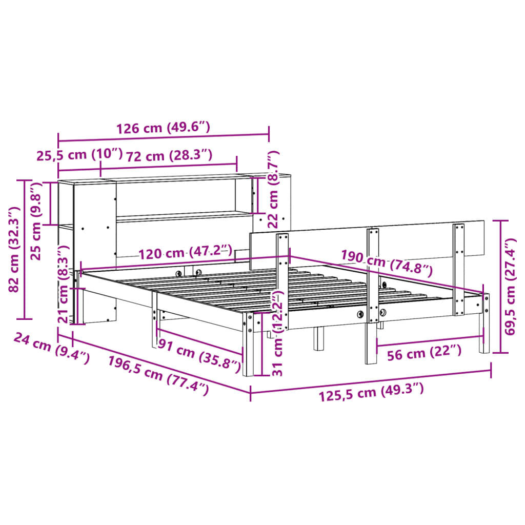 vidaXL Κρεβάτι Βιβλιοθήκη Χωρίς Στρώμα 120x190 εκ Μασίφ Ξύλο Πεύκου
