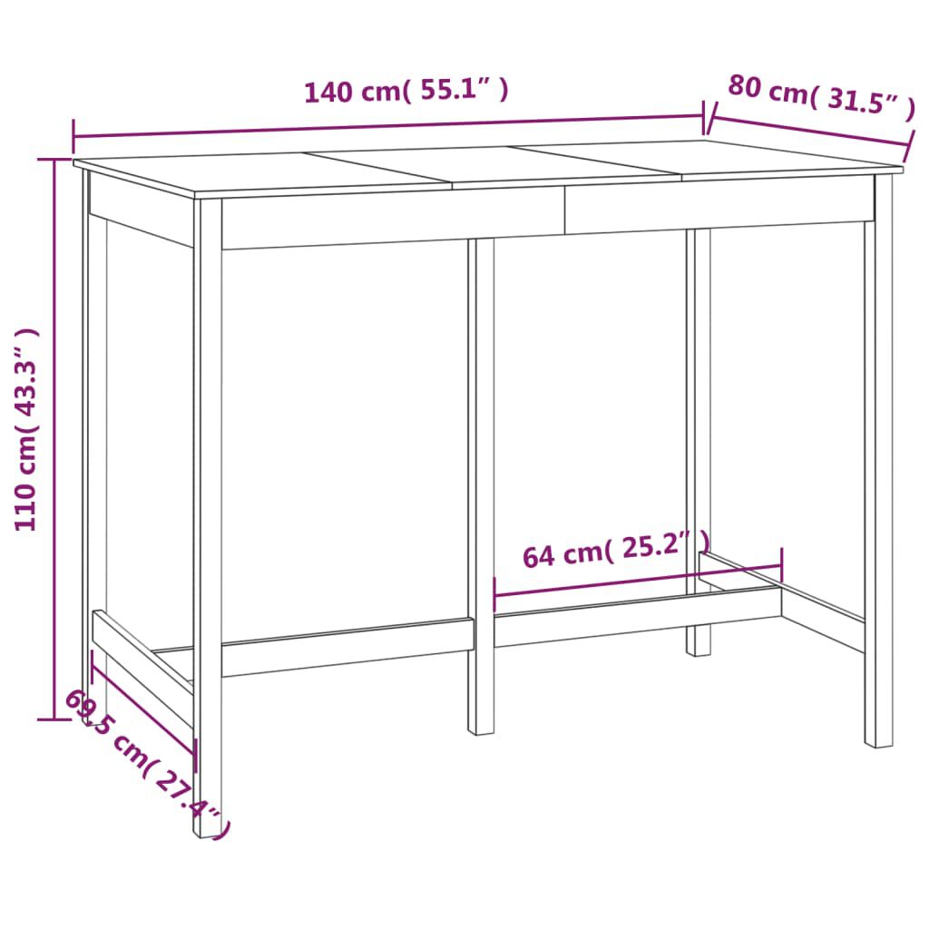 vidaXL Τραπέζι Μπαρ γκρί 140 x 80 x 110 εκ. από Μασίφ Ξύλο Πεύκου