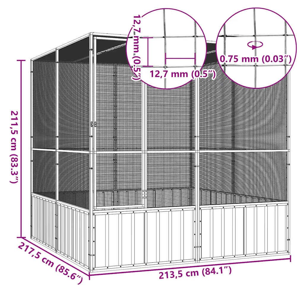 vidaXL Κλουβί Πουλιών Γκρι 213,5x217,5x211,5εκ από Γαλβανισμένο Χάλυβα