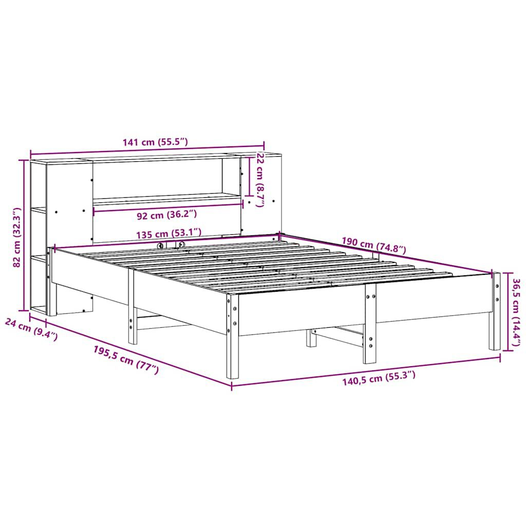 vidaXL Κρεβάτι Βιβλιοθήκη Χωρίς Στρώμα Λευκό 135x190 εκ Μασίφ Πεύκο