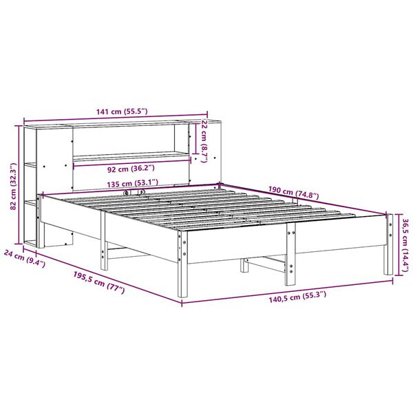 vidaXL Κρεβάτι Βιβλιοθήκη Χωρίς Στρώμα Λευκό 135x190 εκ Μασίφ Πεύκο