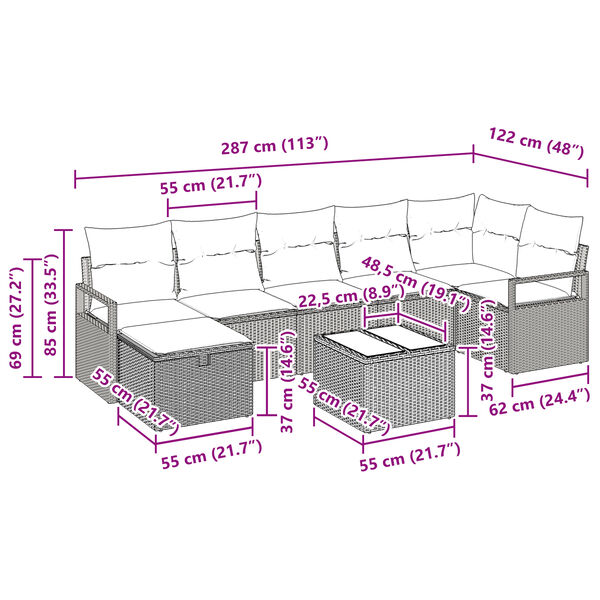 vidaXL Σετ Καναπέ Κήπου 8 pcs μπεζ και κρεμ 287 x 122 x 85 εκ
