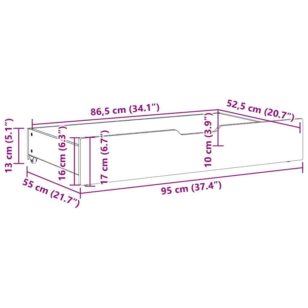 vidaXL Συρτάρια Κρεβατιού 2 τεμ Λευκό 95x55x17 εκ. Μασίφ Ξύλο Πεύκου
