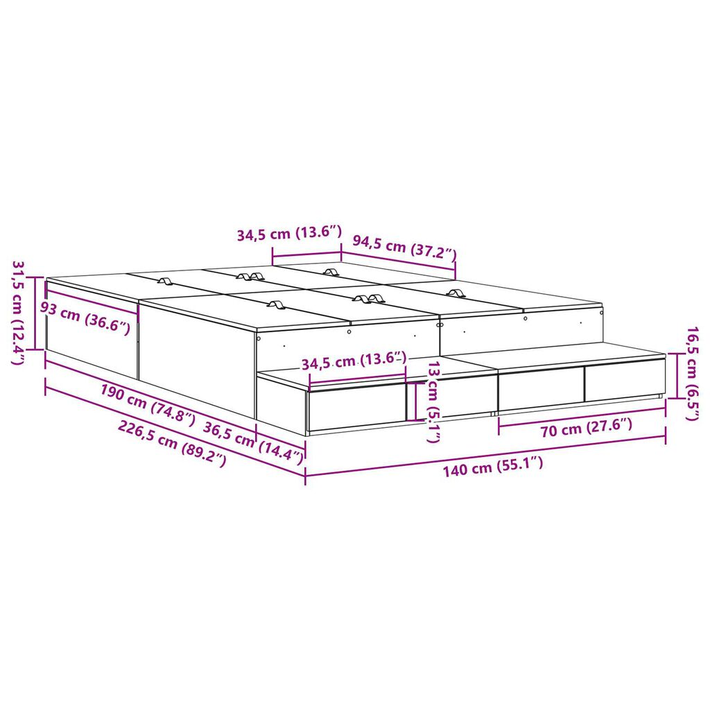 vidaXL Κρεβάτι αποθήκευσης Μαύρη Δρυς 140x190 εκ