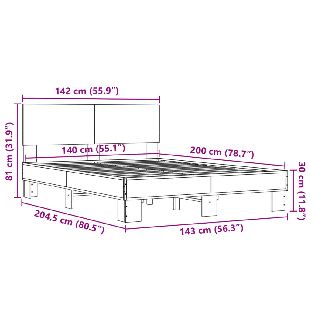 vidaXL Πλαίσιο Κρεβατιού Γκρι Sonoma 140x200 εκ. Επεξ. Ξύλο & Μέταλλο