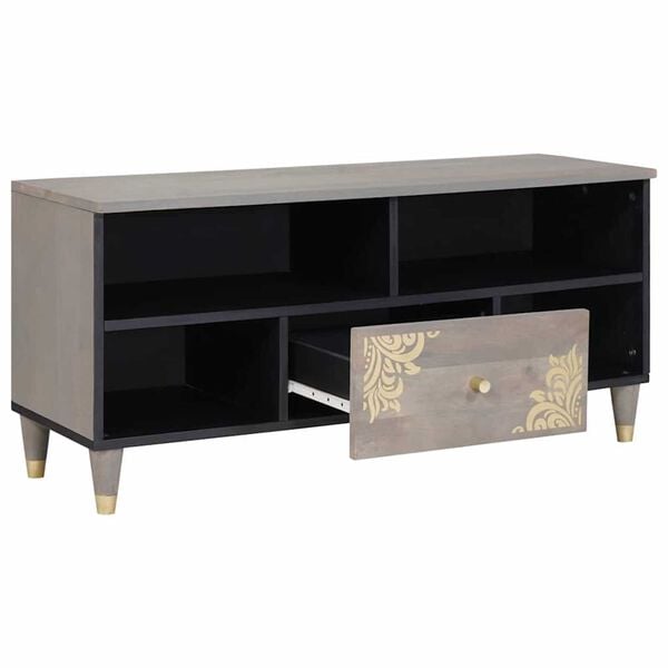 vidaXL Ντουλάπι TV Γκρι και Χρυσό 100 x 33.5 x 46 εκ Μασίφ ξύλο μάνγκο