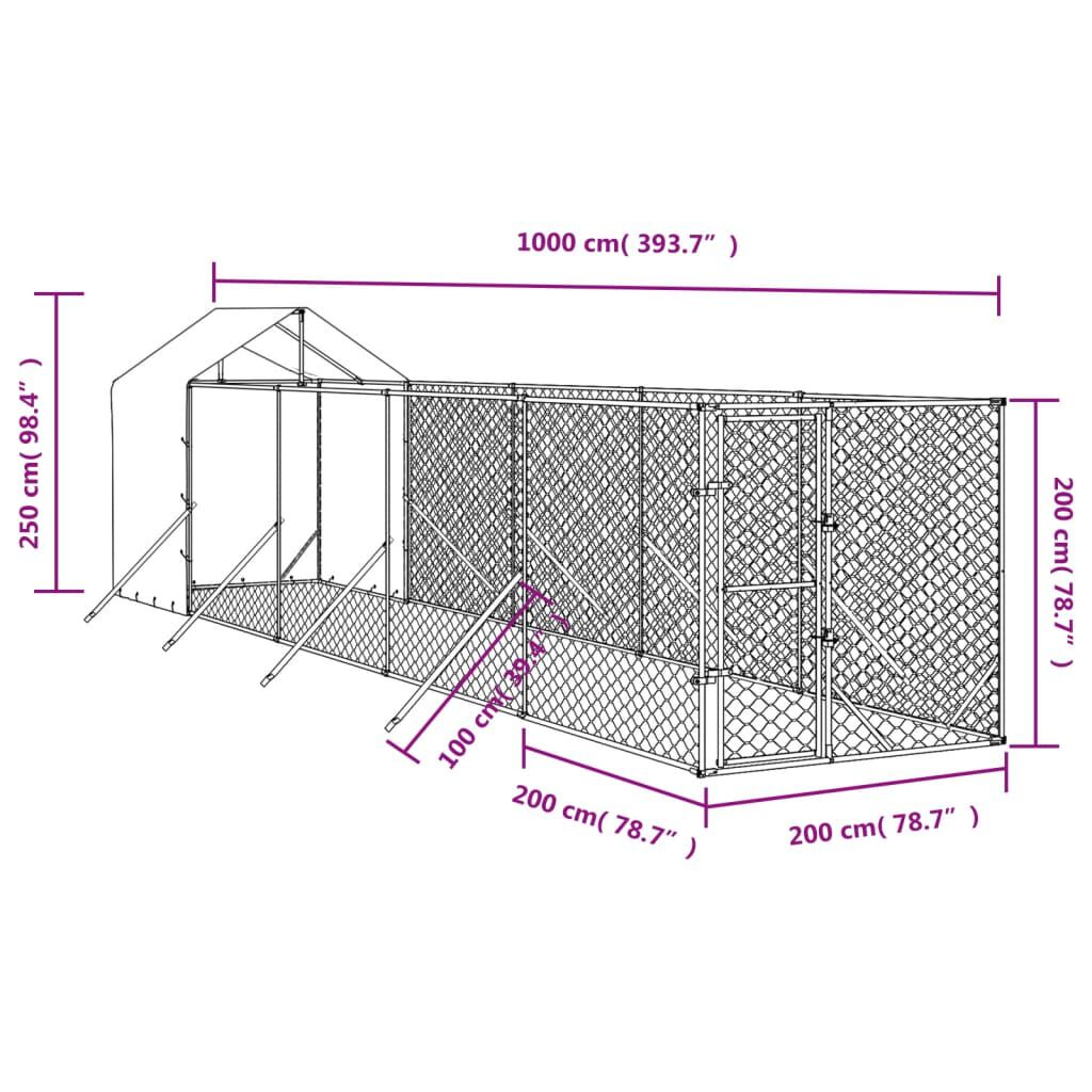 vidaXL Κλουβί Σκύλου Εξ. Χώρου με Οροφή Ασημί 2x10x2,5 μ. Γαλβ. Ατσάλι