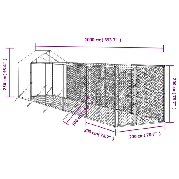 vidaXL Κλουβί Σκύλου Εξ. Χώρου με Οροφή Ασημί 2x10x2,5 μ. Γαλβ. Ατσάλι