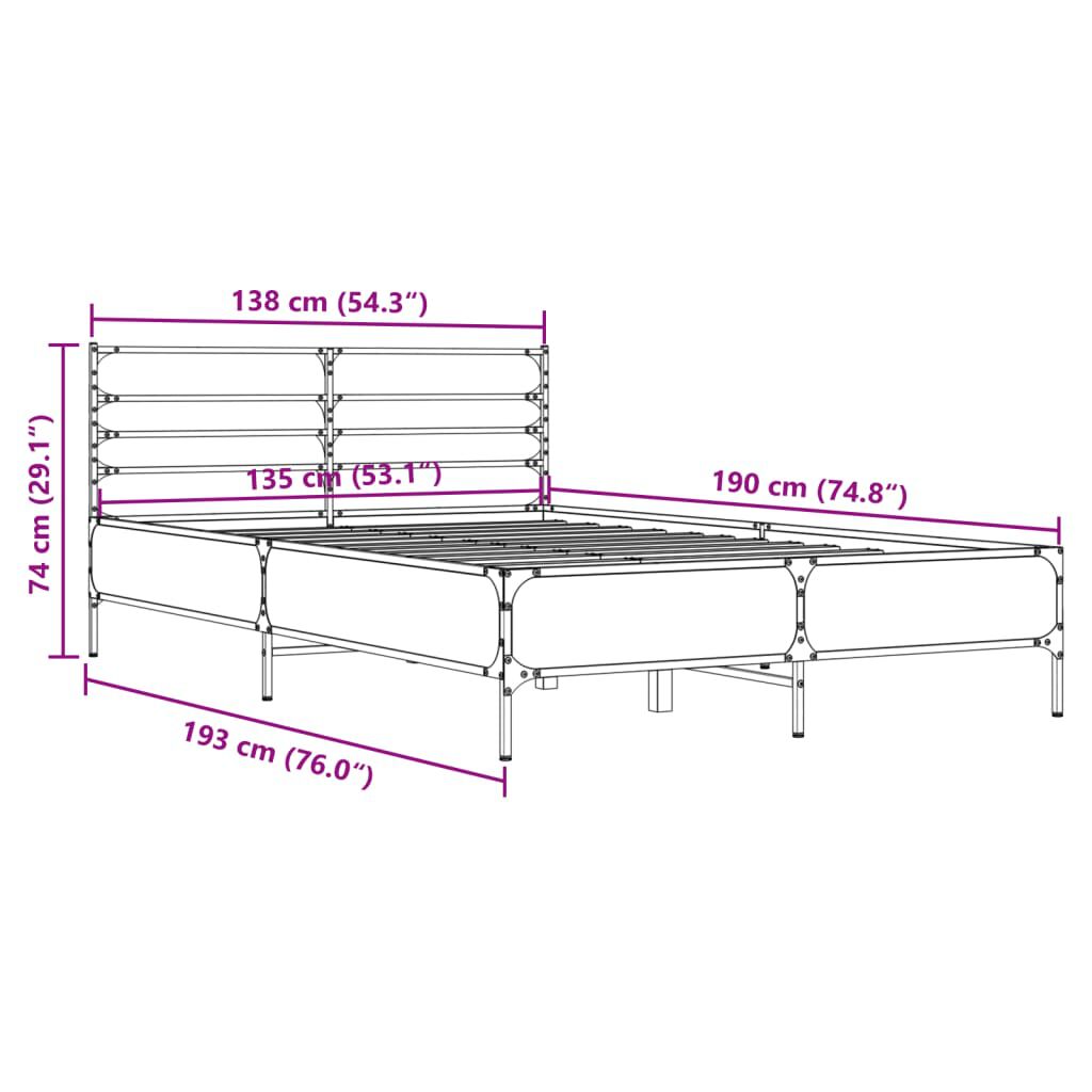 vidaXL Πλαίσιο Κρεβατιού Μαύρο 135x190 εκ. Επεξ. Ξύλο & Μέταλλο