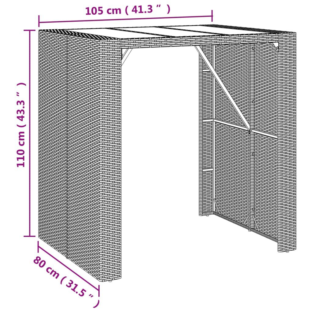 vidaXL Τραπέζι Μπαρ με Γυάλ. Επιφάνεια Καφέ 105x80x110 εκ. Συνθ. Ρατάν