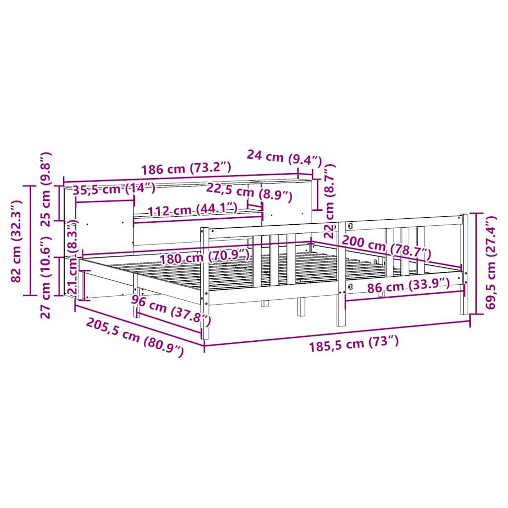 vidaXL Κρεβάτι Βιβλιοθήκη Χωρίς Στρώμα 180x200 εκ Μασίφ Ξύλο Πεύκου