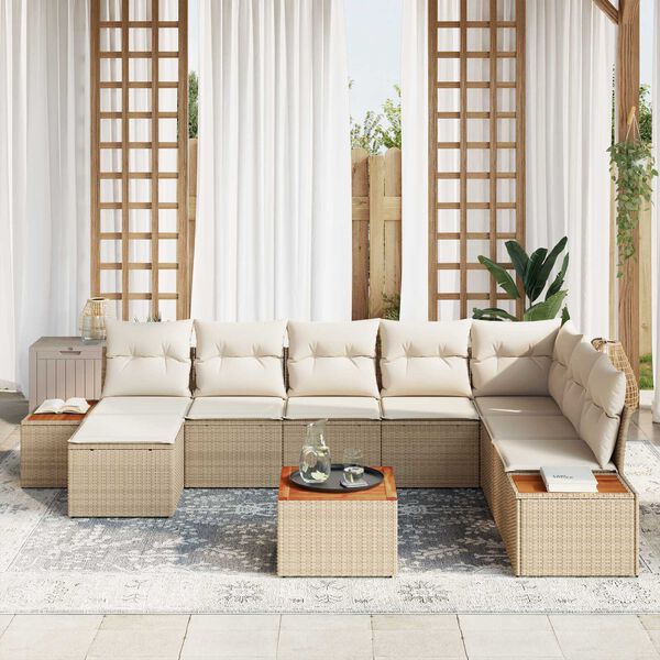 vidaXL Σετ Καναπέ Κήπου με μαξιλάρι 9 pcs Μπεζ Πολυ ράταν