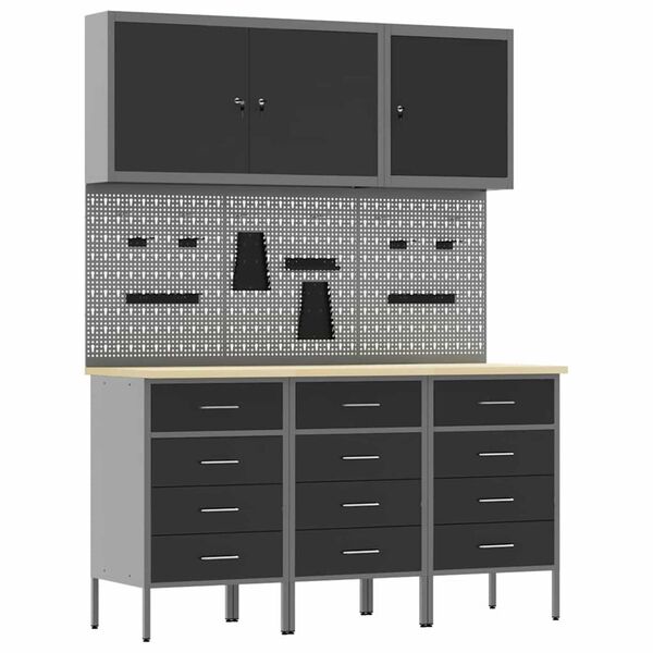 vidaXL Πάγκος εργασίας με συρτάρι 8 pcs Μαύρο 150 x 55 x 200 εκ Ατσάλι