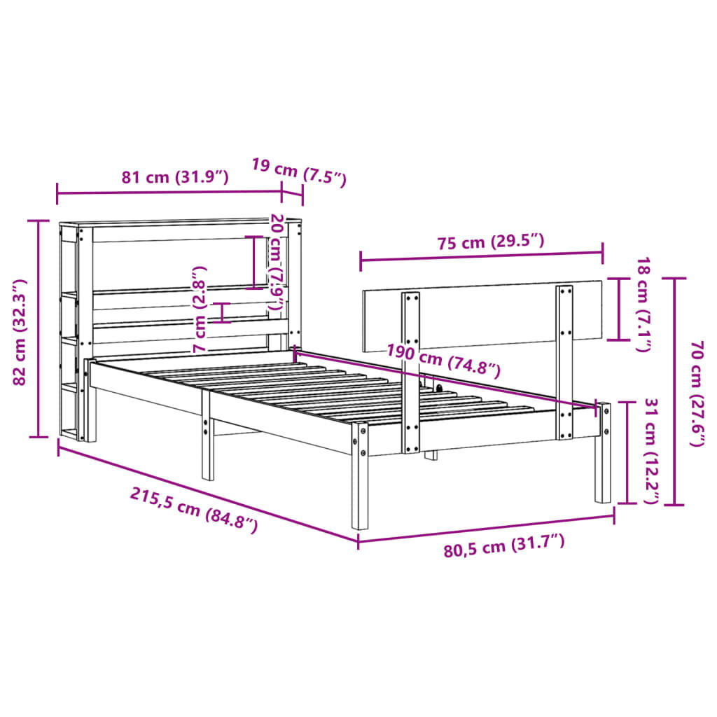 vidaXL Σκελετός Κρεβατιού Χωρίς Στρώμα 75x190 εκ Μασίφ Ξύλο Πεύκου