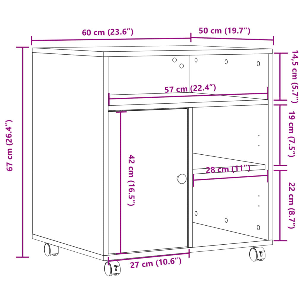 vidaXL Βάση Εκτυπωτή με Ρόδες Γκρι Sonoma 60x50x67 εκ.