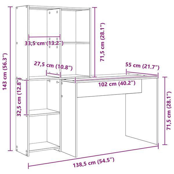 vidaXL Γραφείο artisan δρυς 138.5 x 55 x 143 εκ Επεξεργασμένο ξύλο