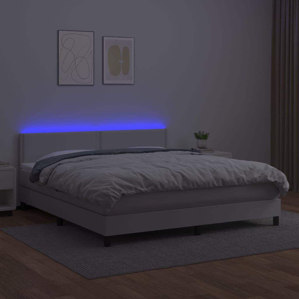 vidaXL Κρεβάτι Boxspring με Στρώμα & LED Λευκό 160x200 εκ. Συνθ. Δέρμα