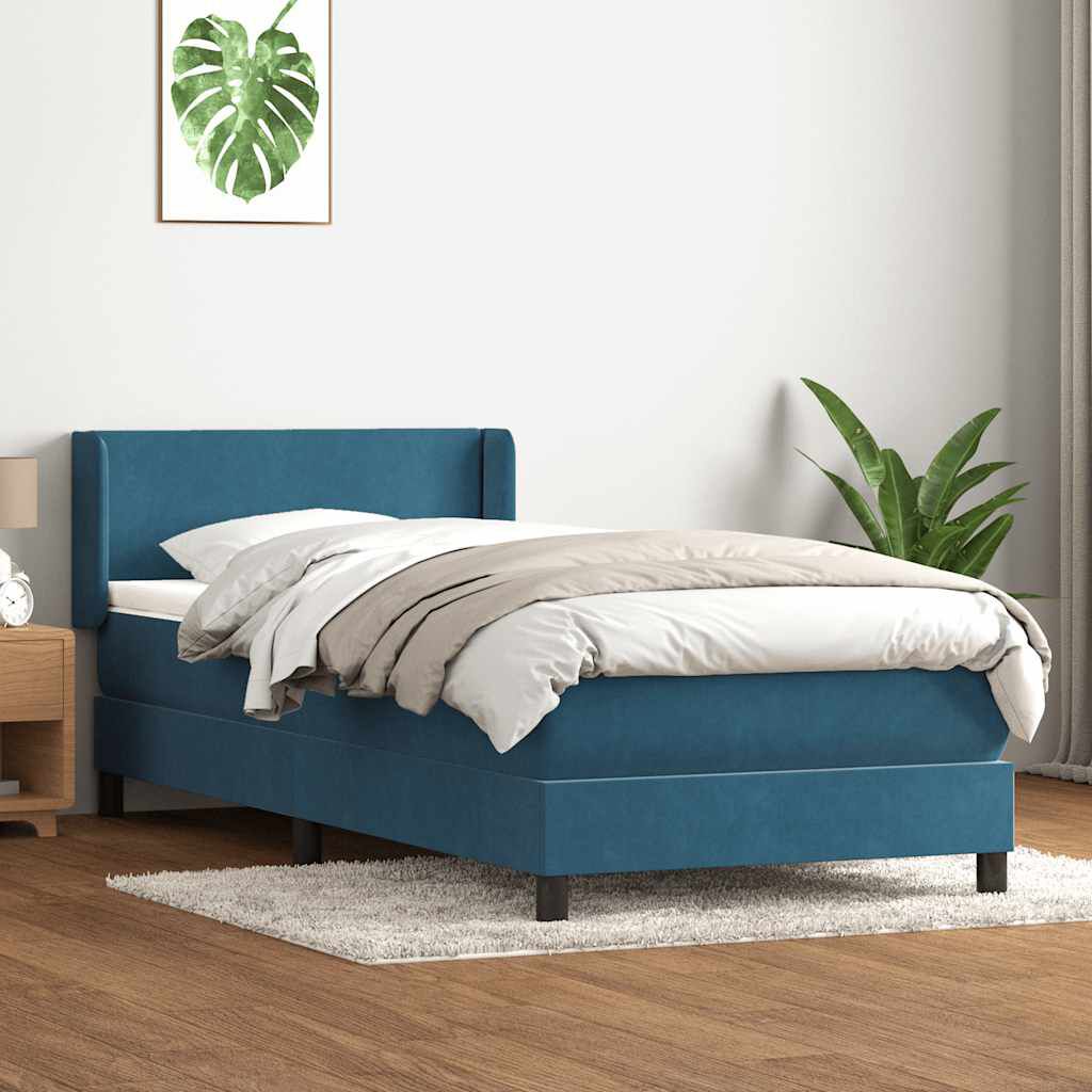 vidaXL Box Spring κρεβάτι με στρώμα σκούρο μπλε 90x210 εκ. Βελούδινο