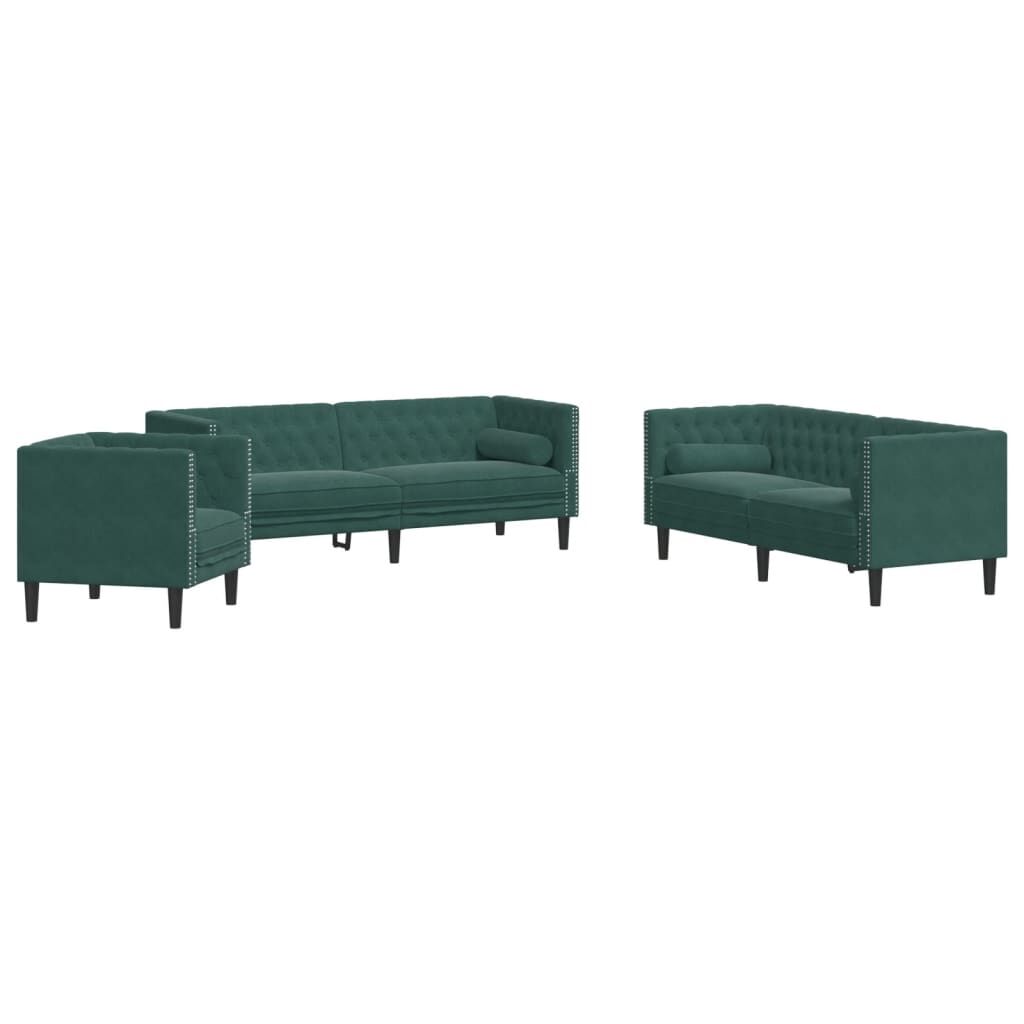 vidaXL Καναπές Chesterfield 3τεμαχίων μαξιλάρια σκούρο πράσινο βελούδο